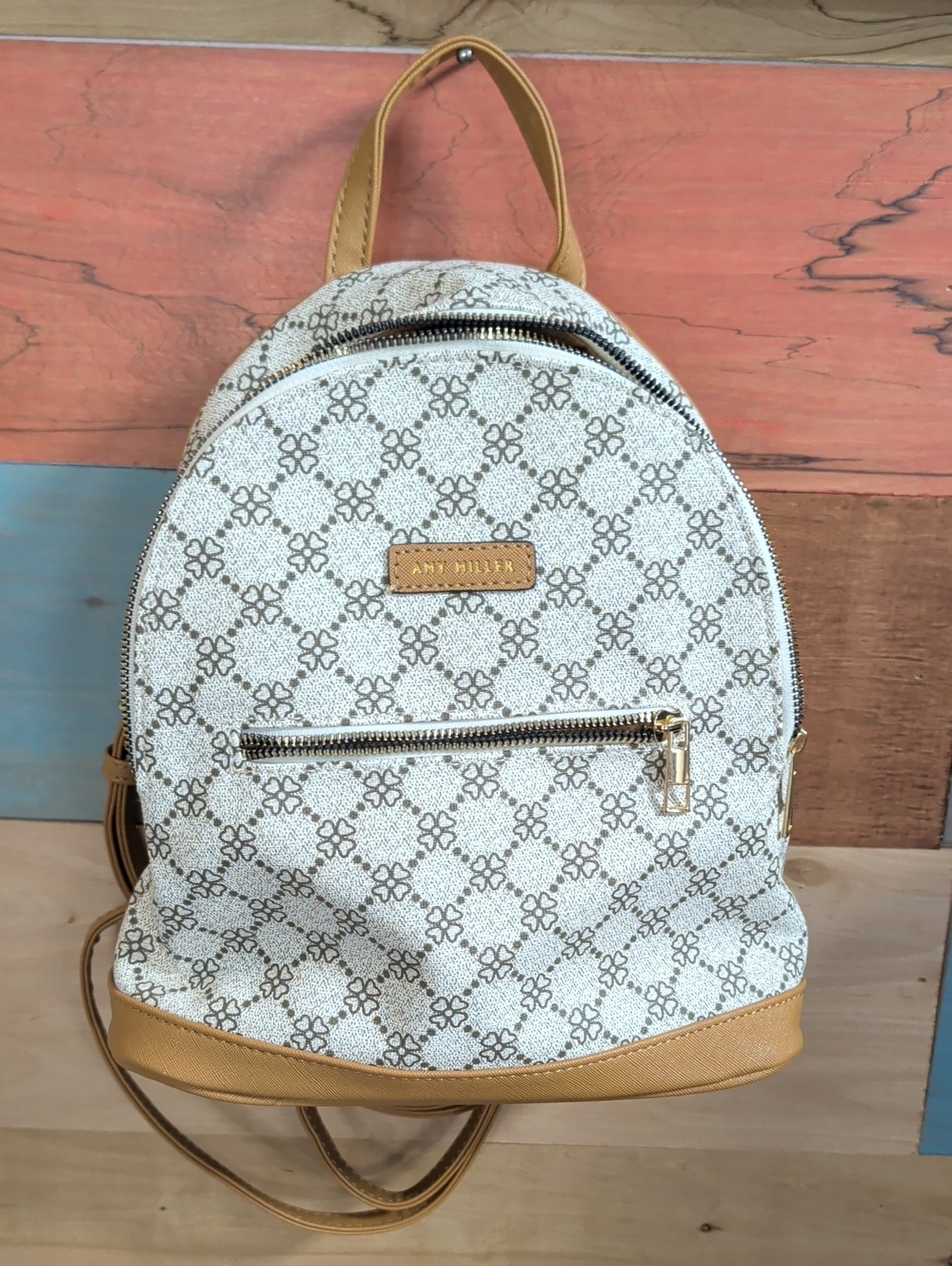 Cream Patterned Mini Backpack with Tan Trim